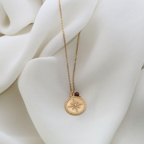 Naszyjnik srebrny pozłacany - róża wiatrów & granat