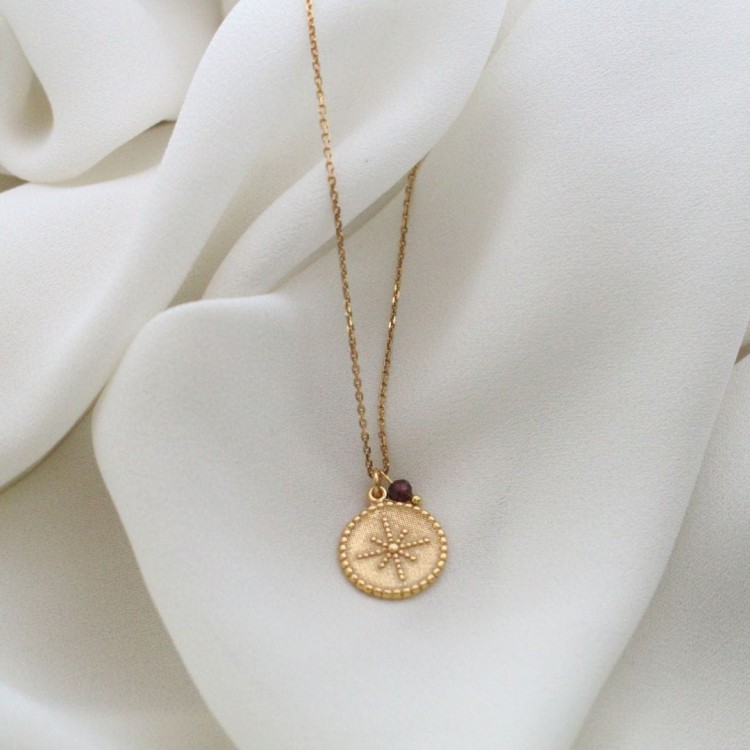 Naszyjnik srebrny pozłacany - róża wiatrów & granat